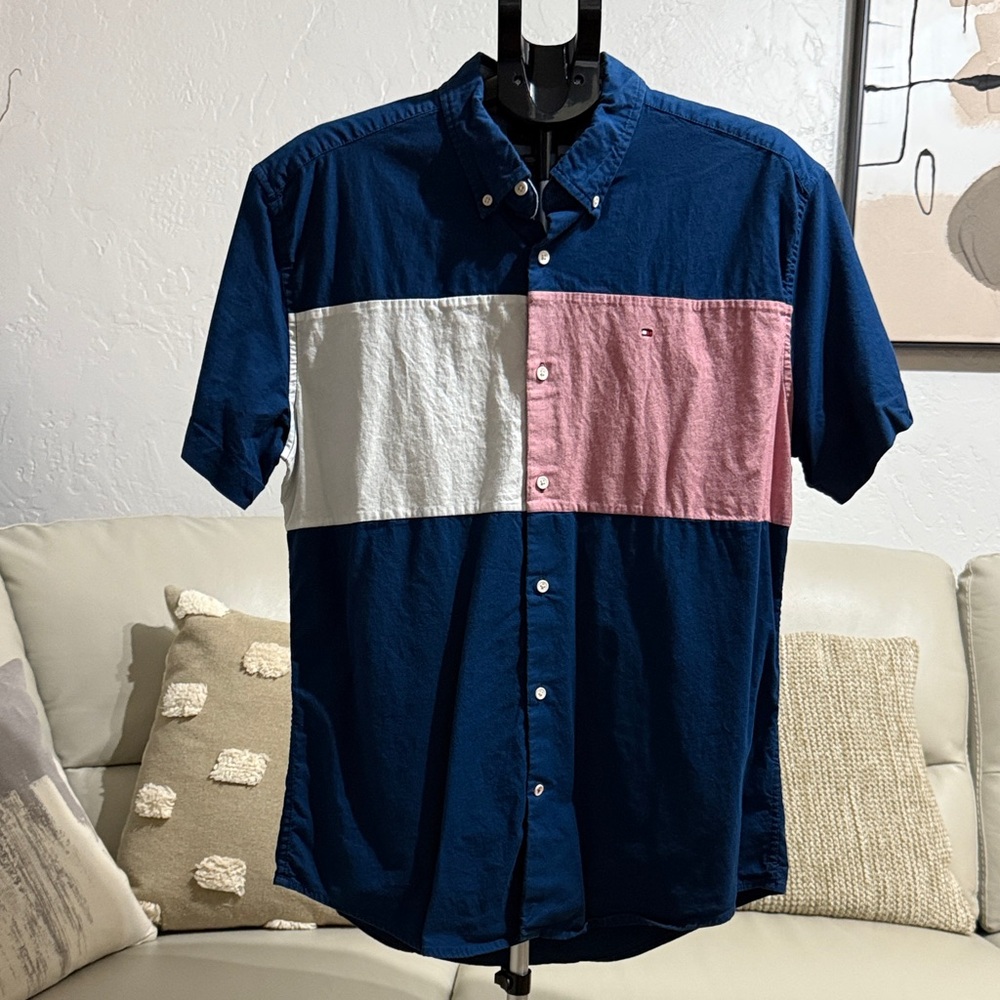 Tommy Men's Color Block Shirt - Blue, White, and Pink